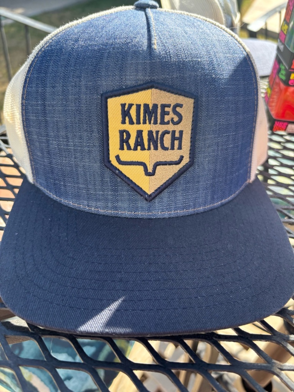 Kimes Ranch Blue Denim-Look Trucker Hat with Yellow Shield Patch
